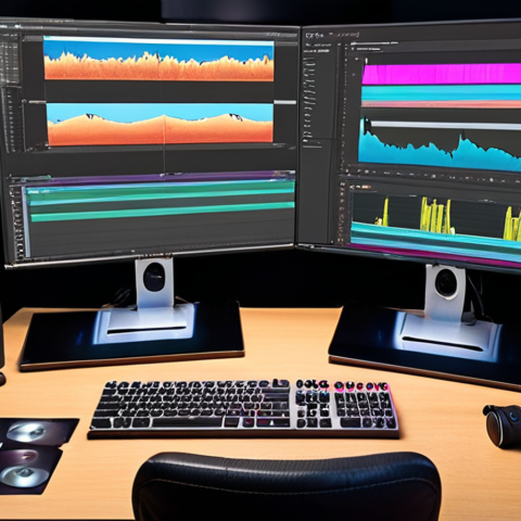 ** A vibrant workspace featuring a video editor intensely focused on a multi-screen setup displaying Adobe Premiere Pro. The scene includes professional lighting, high-quality headphones, and a general atmosphere of focused creativity and technical expertise, suggesting mastery of professional video editing software.

**