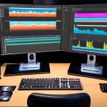 ** A vibrant workspace featuring a video editor intensely focused on a multi-screen setup displaying Adobe Premiere Pro. The scene includes professional lighting, high-quality headphones, and a general atmosphere of focused creativity and technical expertise, suggesting mastery of professional video editing software.

**