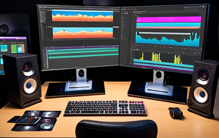 ** A vibrant workspace featuring a video editor intensely focused on a multi-screen setup displaying Adobe Premiere Pro. The scene includes professional lighting, high-quality headphones, and a general atmosphere of focused creativity and technical expertise, suggesting mastery of professional video editing software.

**