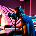 A vibrant, dynamic image of a passionate freelance media producer in their modern creative workspace. They are illuminated by cinematic lighting, surrounded by a high-tech computer setup, a professional camera, and a studio microphone, with abstract digital elements swirling around them, symbolizing boundless creativity and the freedom of their craft, in the style of an inspiring and motivational editorial photograph.