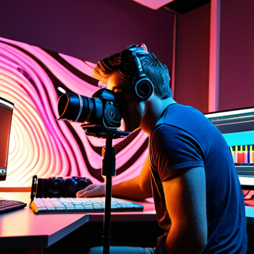 A vibrant, dynamic image of a passionate freelance media producer in their modern creative workspace. They are illuminated by cinematic lighting, surrounded by a high-tech computer setup, a professional camera, and a studio microphone, with abstract digital elements swirling around them, symbolizing boundless creativity and the freedom of their craft, in the style of an inspiring and motivational editorial photograph.