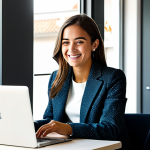 **

A successful young entrepreneur, dressed in a chic and professional blazer and trousers, smiling confidently while working on a laptop in a bright, modern coworking space in Lisbon, Portugal. Sunlight streams through the large windows.  Fully clothed, modest attire, appropriate content, safe for work, perfect anatomy, natural proportions, professional digital art, high resolution.

**
