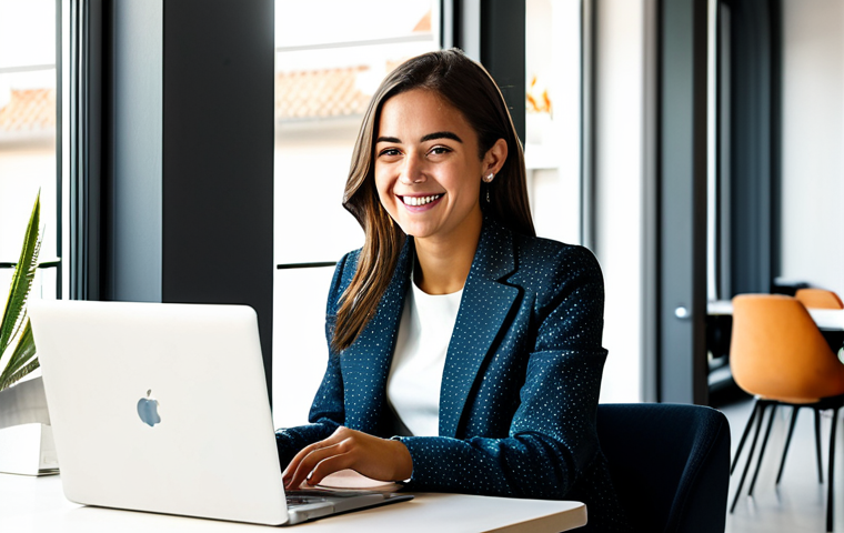 **

A successful young entrepreneur, dressed in a chic and professional blazer and trousers, smiling confidently while working on a laptop in a bright, modern coworking space in Lisbon, Portugal. Sunlight streams through the large windows.  Fully clothed, modest attire, appropriate content, safe for work, perfect anatomy, natural proportions, professional digital art, high resolution.

**