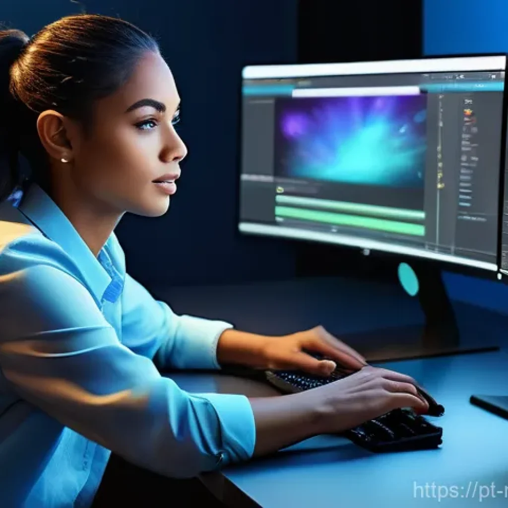 미디어 프로듀서 이직 성공 전략 - A young, energetic female media producer, dressed in stylish but casual attire, sits at a modern, er...