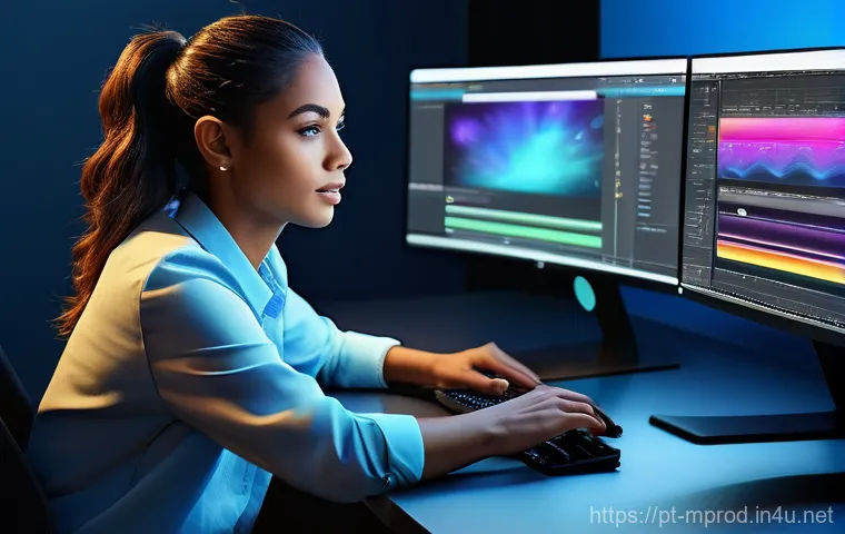 미디어 프로듀서 이직 성공 전략 - A young, energetic female media producer, dressed in stylish but casual attire, sits at a modern, er...