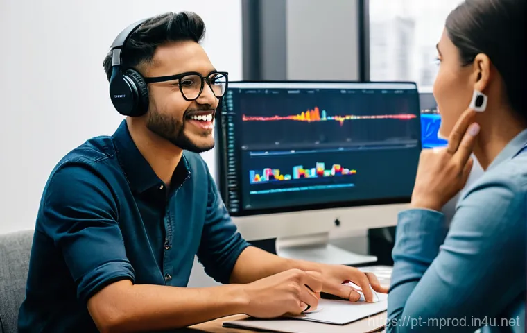 미디어 프로듀서 이직 성공 전략 - A young, energetic female media producer, dressed in stylish but casual attire, sits at a modern, er...