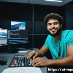 Home 20 미디어 프로듀서의 자격증 취득 성공 사례 - A confident young Brazilian media producer sitting at a modern workspace filled with professional vi...