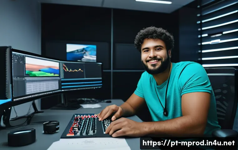 미디어 프로듀서의 자격증 취득 성공 사례 - A confident young Brazilian media producer sitting at a modern workspace filled with professional vi...