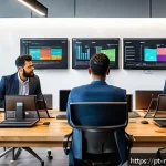 Home 19 미디어 프로듀서가 알아야 할 시장 조사 방법 - A diverse group of Brazilian media professionals in a modern office setting, analyzing digital data ...