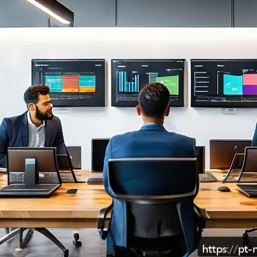 Home 31 미디어 프로듀서가 알아야 할 시장 조사 방법 - A diverse group of Brazilian media professionals in a modern office setting, analyzing digital data ...