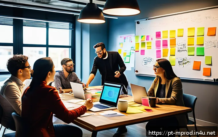 미디어 프로듀서와 영상 콘텐츠 제작 흐름 - A creative brainstorming session in a modern, bright office space with diverse professionals around ...