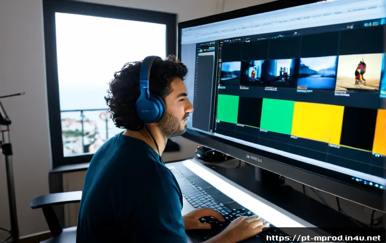 Home 15 미디어 프로듀서가 자주 사용하는 용어 정리 - Photorealistic media producer at a modern production desk in Lisbon, Portugal, reviewing a color-cod...