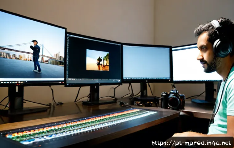 Home 17 미디어 프로듀서로서 성공하기 위한 자세 - Photorealistic media producer in a modern São Paulo creative studio, confidently reviewing video foo...